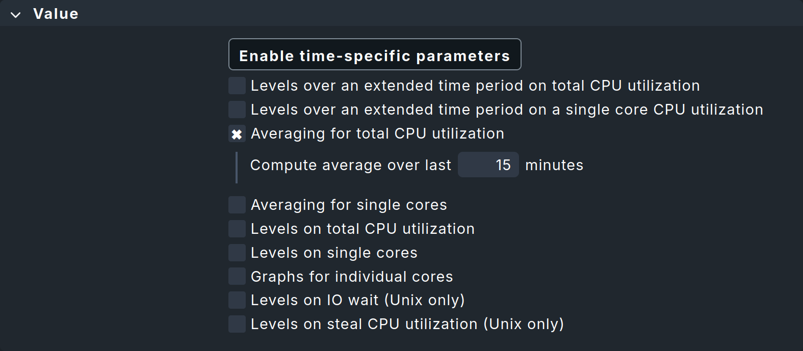 Dialog for setting mean values for CPU utilization in a rule.