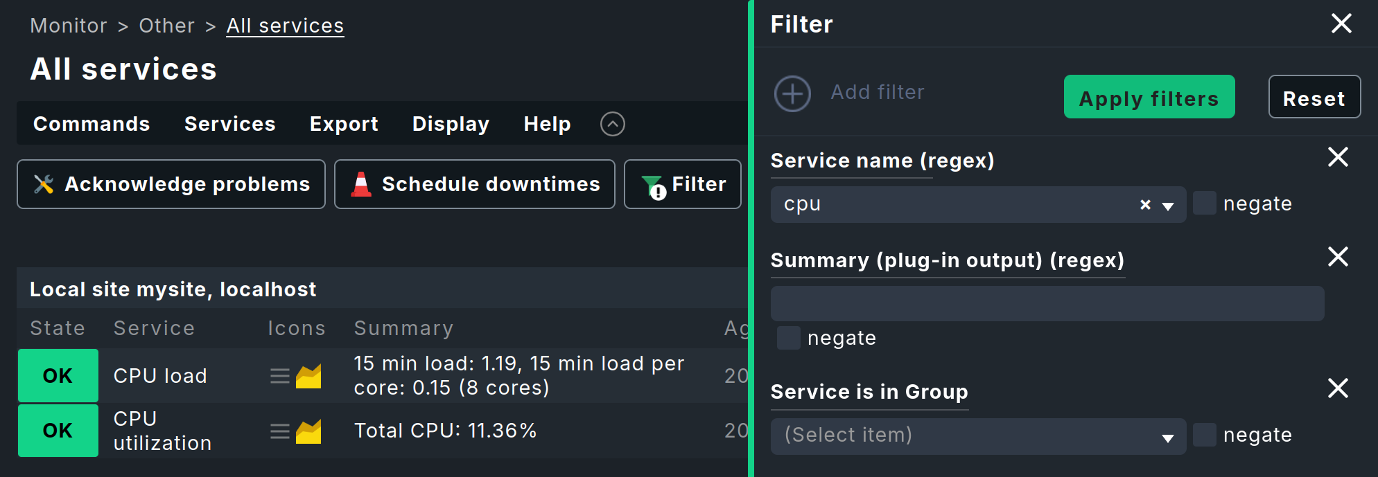 View with open filter bar.