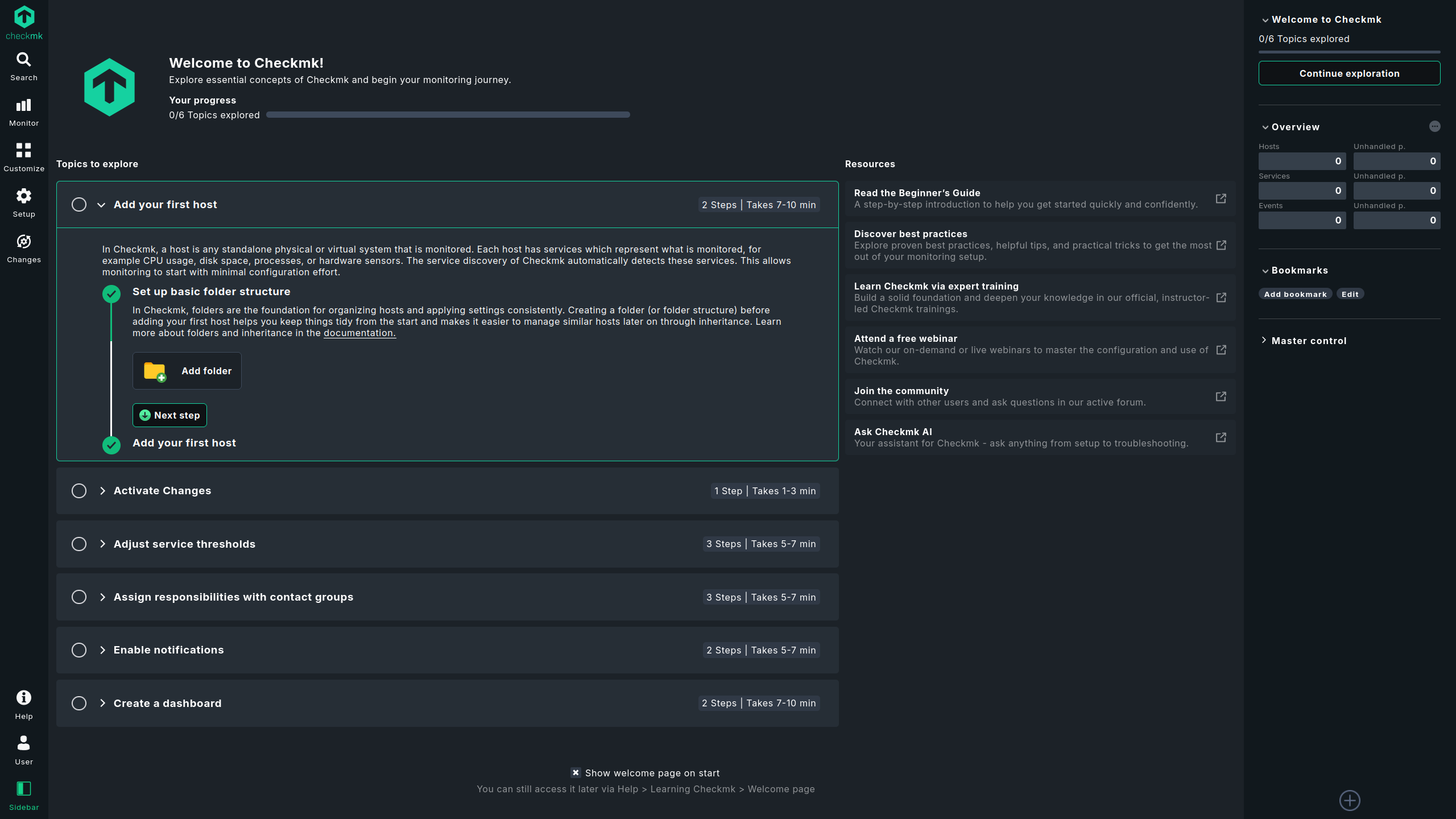 The welcome page as the start page.