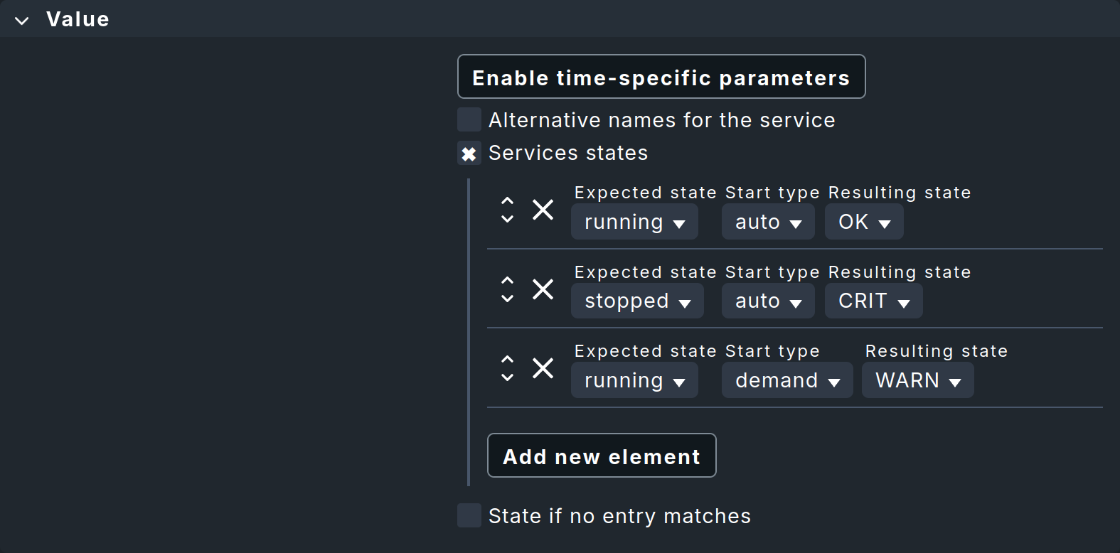Dialog for defining the Windows server services to be monitored depending on their status.