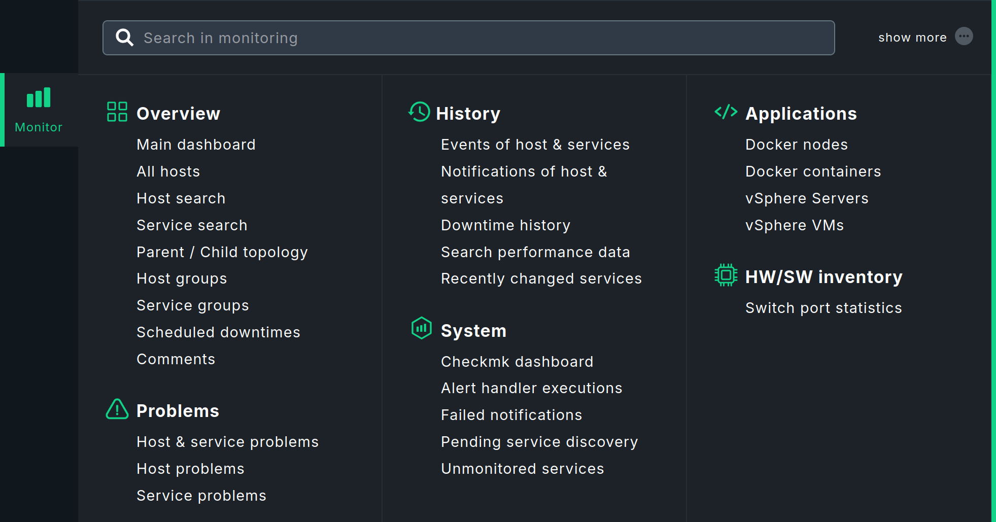 Monitor menu of Checkmk Community in Show less mode.