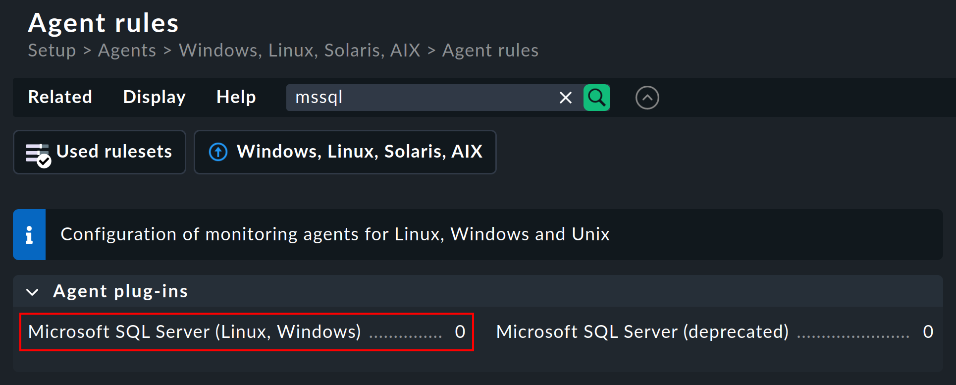 The rule ‘Microsoft SQL Server (Linux, Windows)’ in the agent rules.