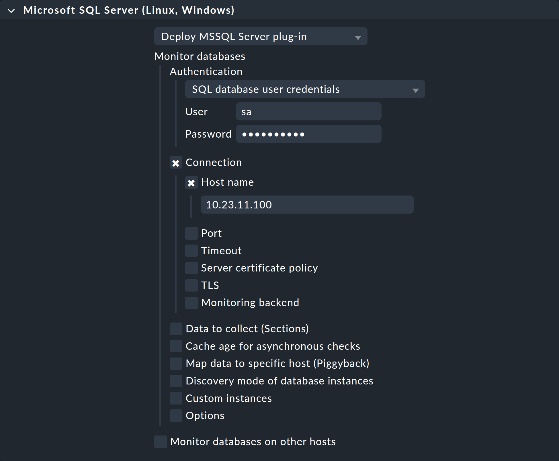 “Possible settings for the MSSQL server in the Agent Bakery.”