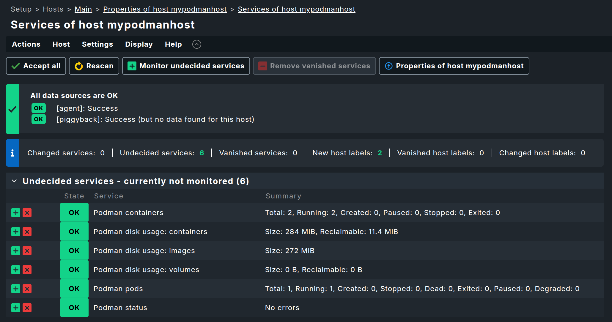 View of the Podman services newly found in Checkmk.