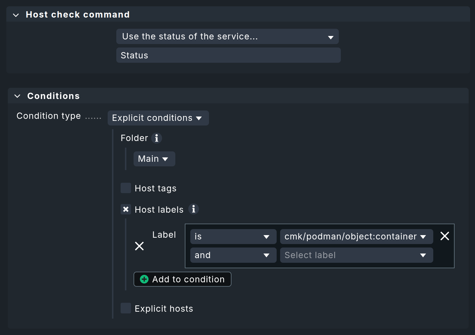 “Rule for the command to check the host status of the container.”