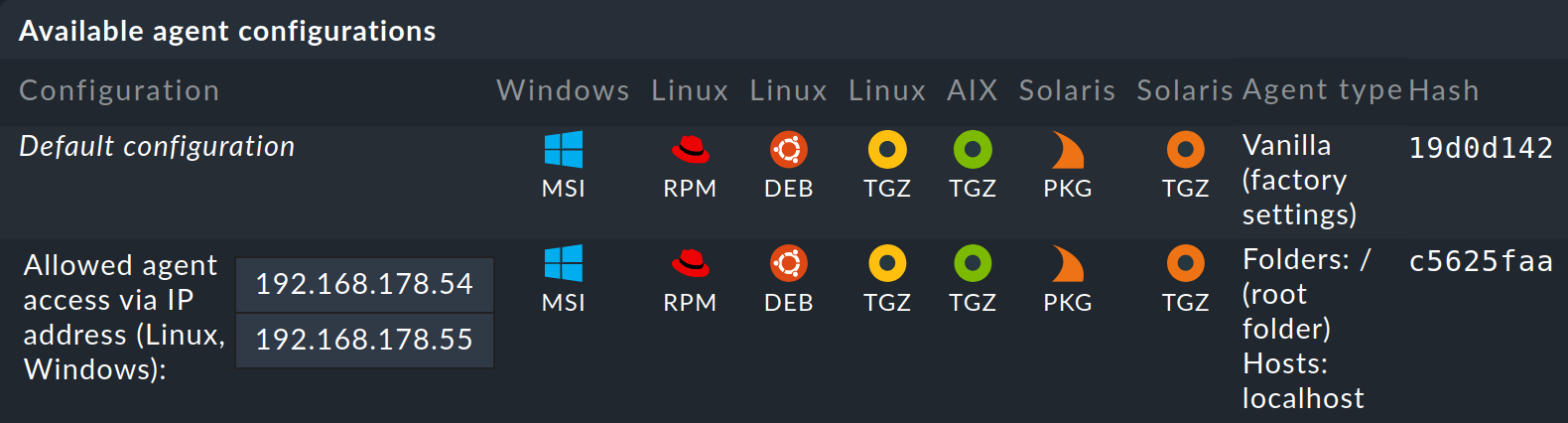 List with two agent configurations to download.