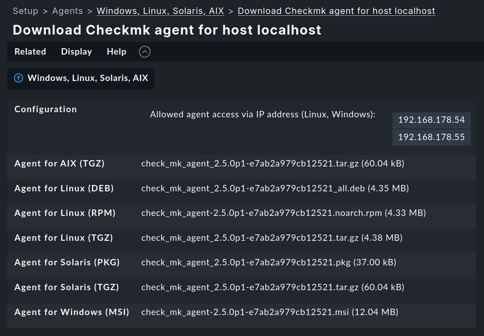 List of agents for a host to download.
