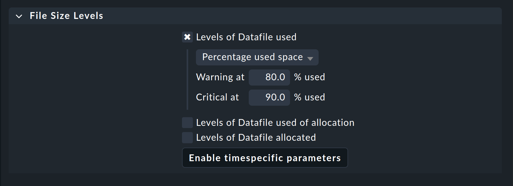 Setting the file sizes used.