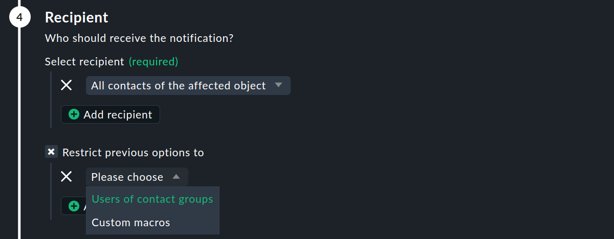 Rule with contact selection options.
