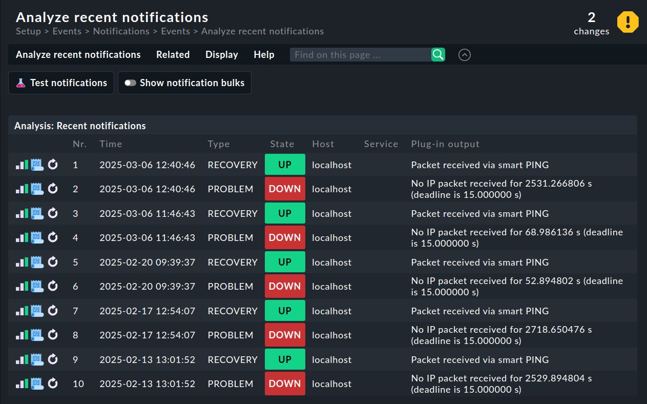 List of the last 10 raw notifications in analysis mode.