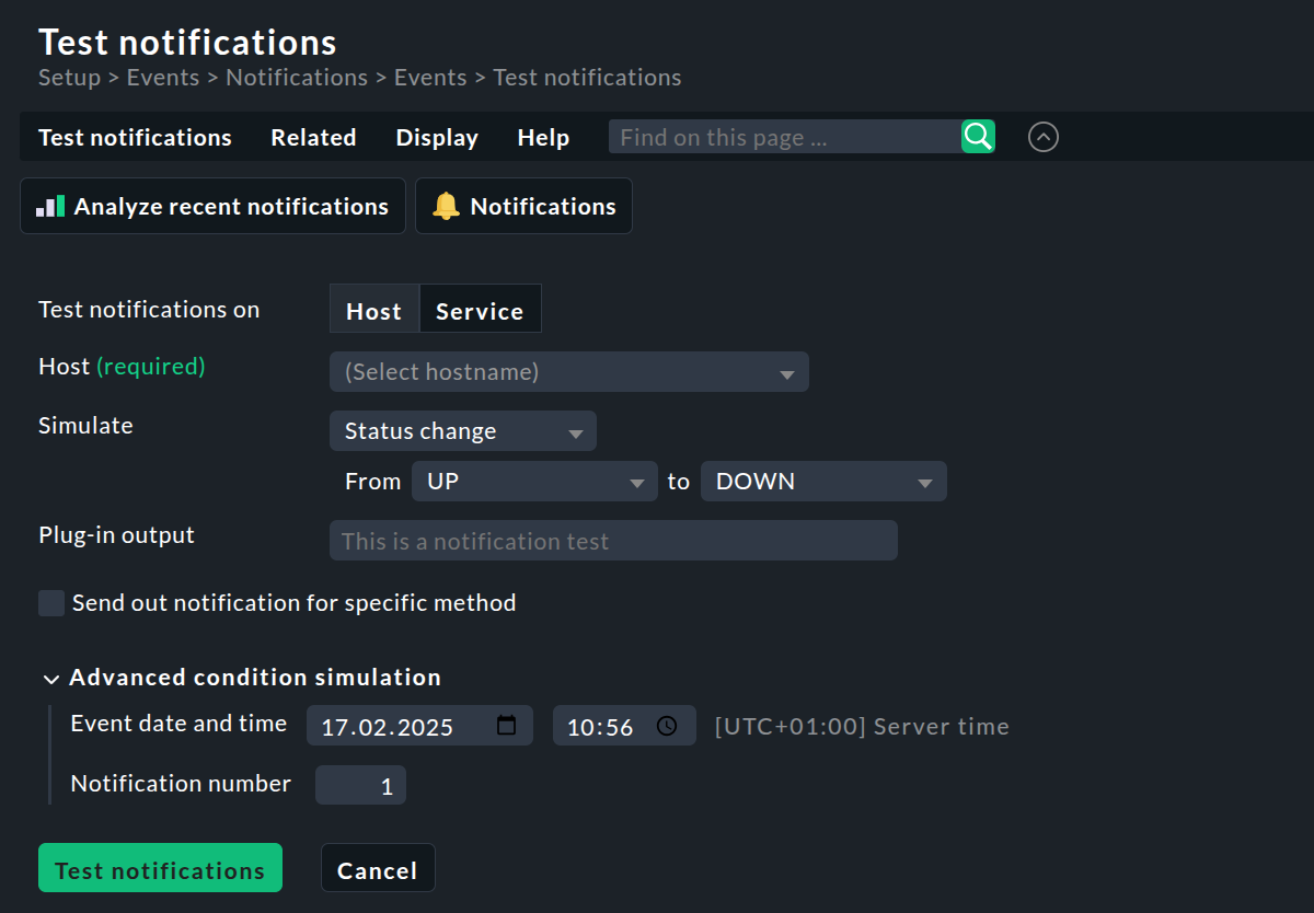 Dialog for defining the properties of the simulated notification.
