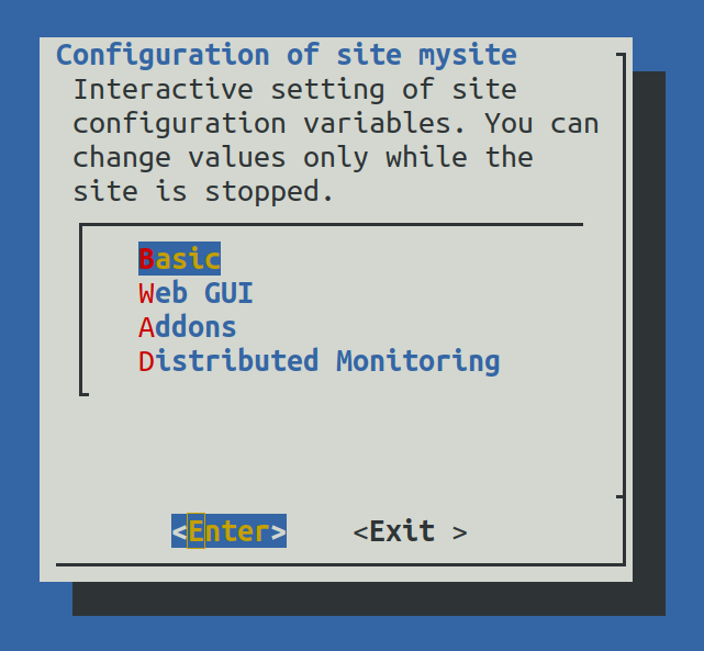 Main menu of `omd config`.