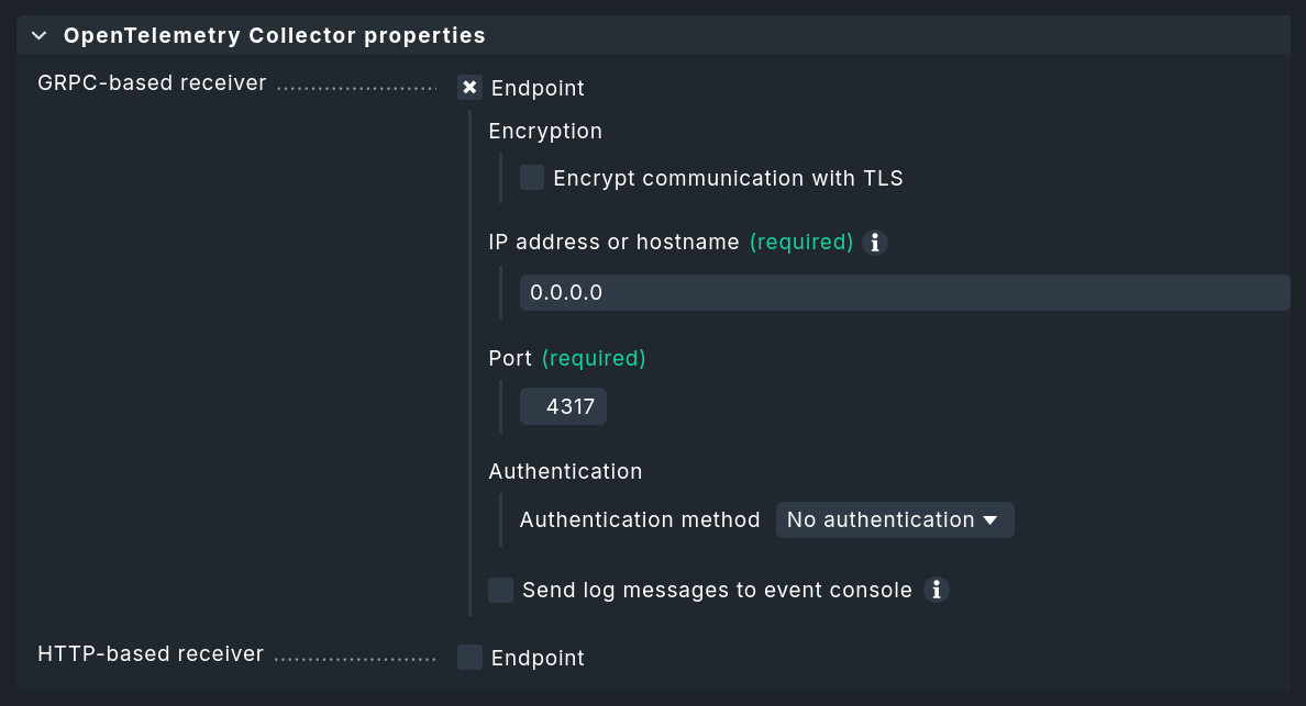The specific properties of the OpenTelemetry Collector.