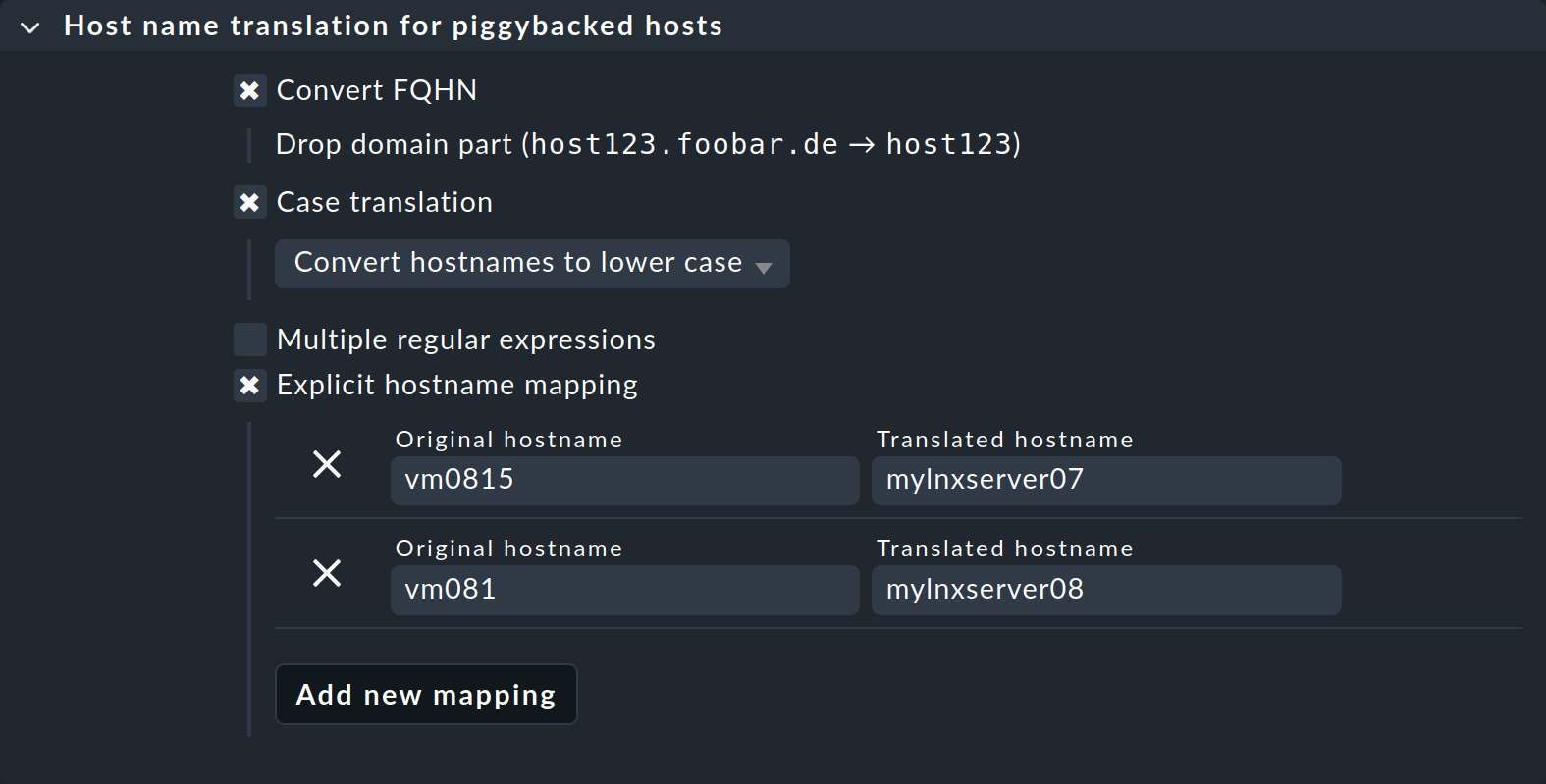 Options for host name translation, removing the domain part, conversion to lowercase and explicit mapping.