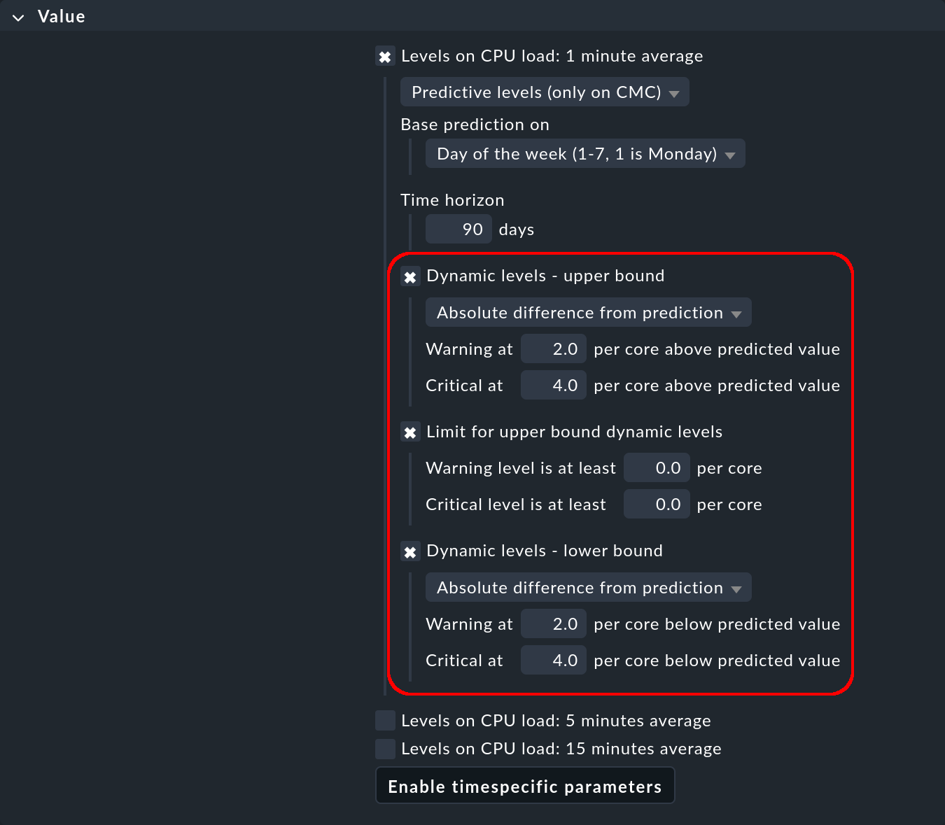 Parameters for the threshold values of the prediction.