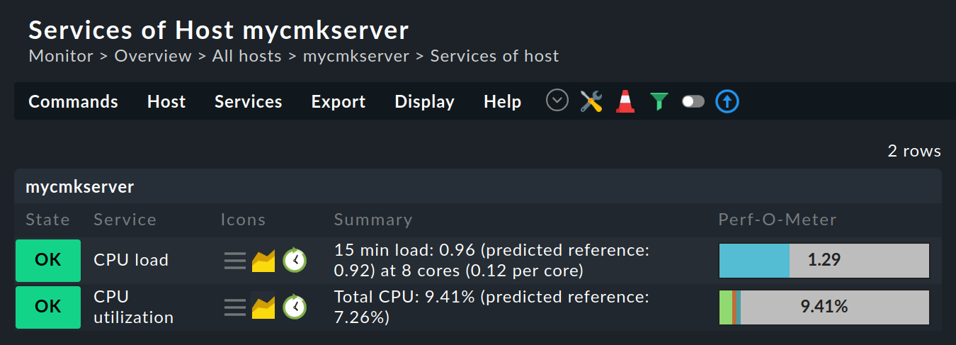 Service list with two entries and icons to display the prediction graph.