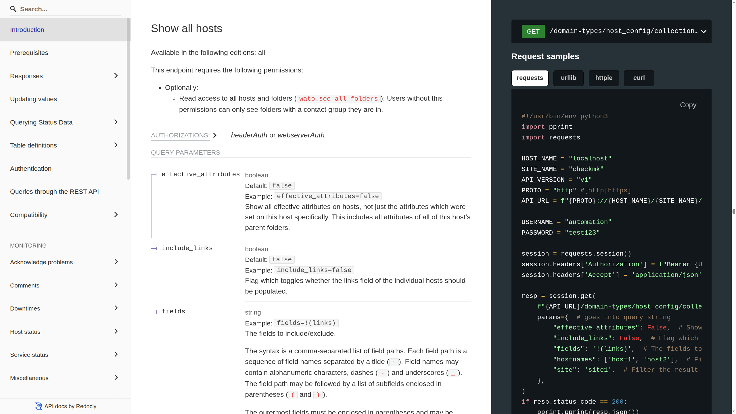 API documentation in a responsive web design with three sections.
