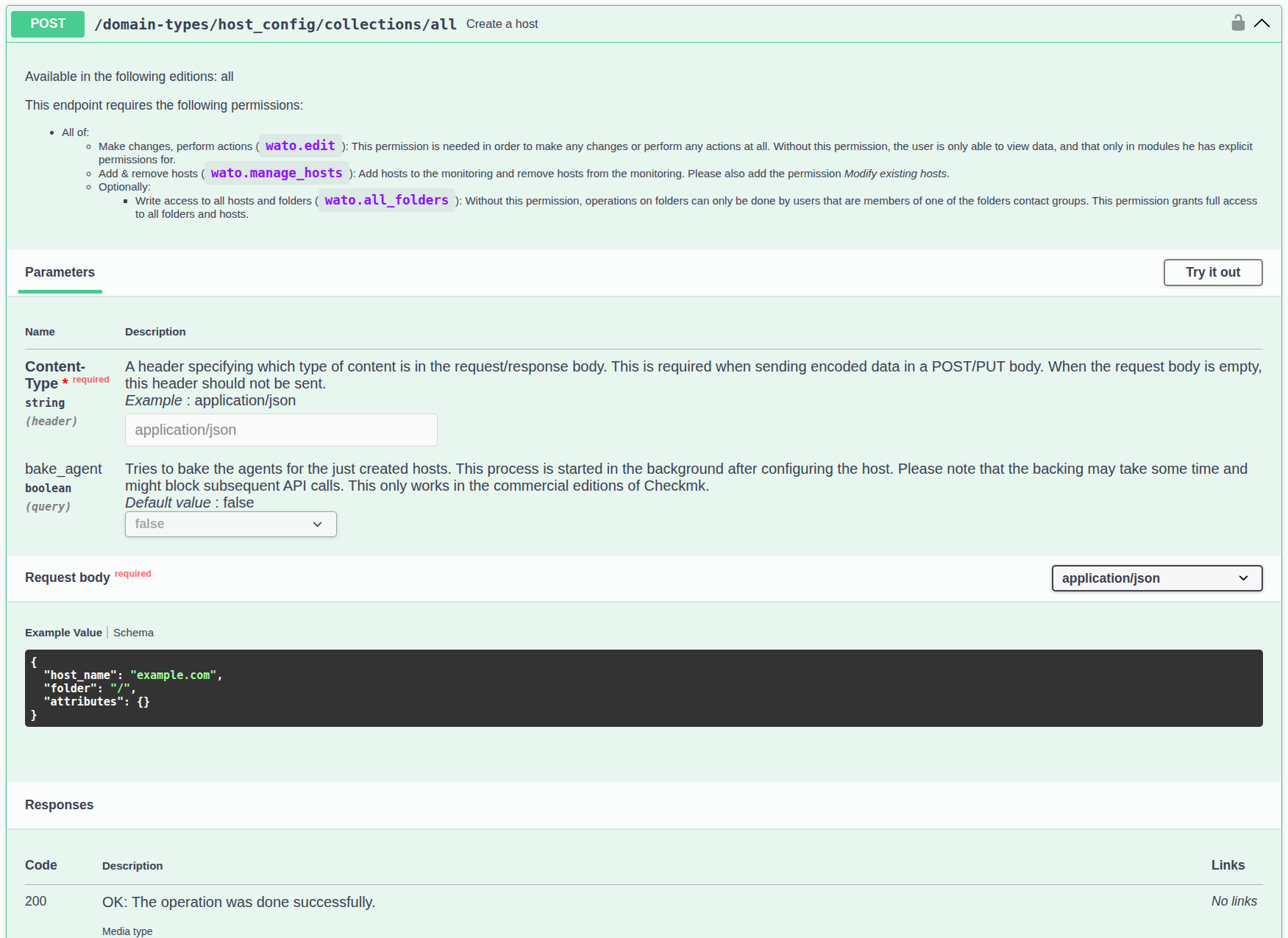 The entry in the REST API interactive GUI for creating a host.