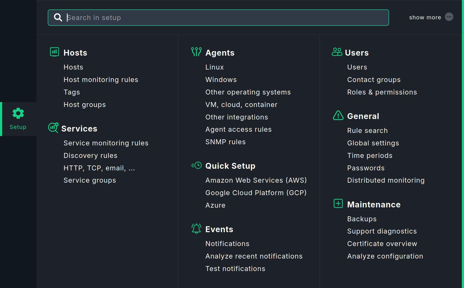 Setup menu in the navigation bar.
