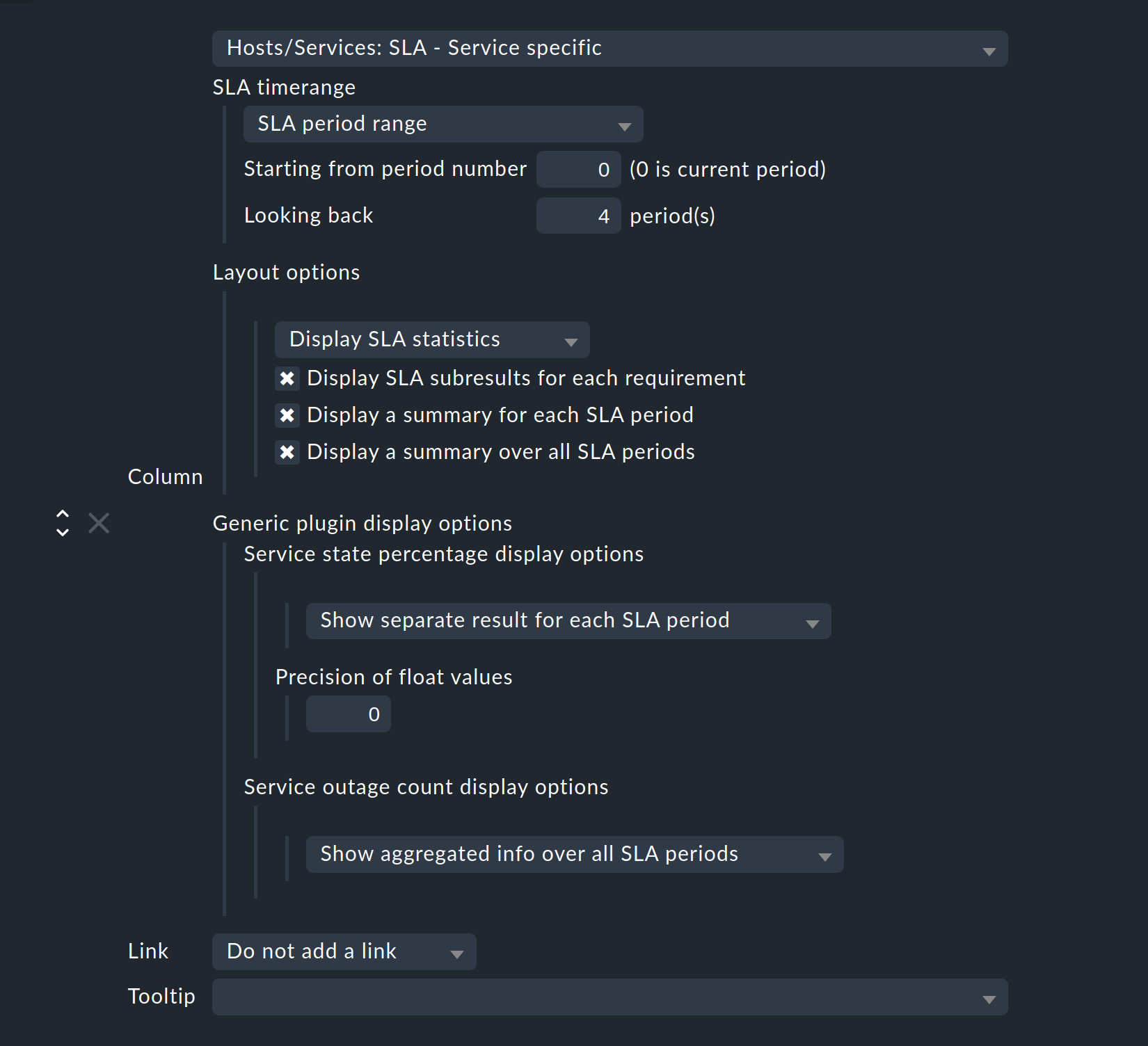 SLA representation options when creating the view.