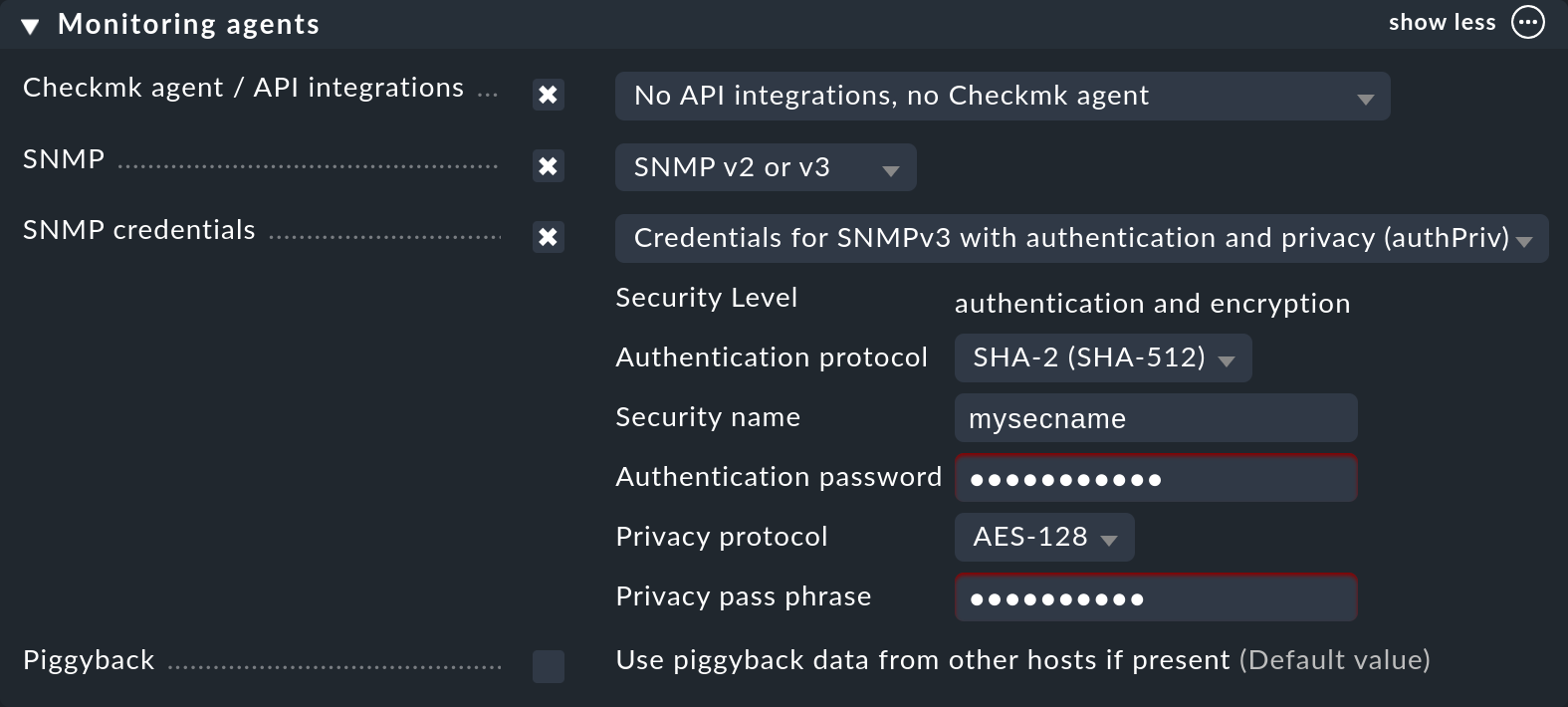 Configuring SNMPv3 security settings.
