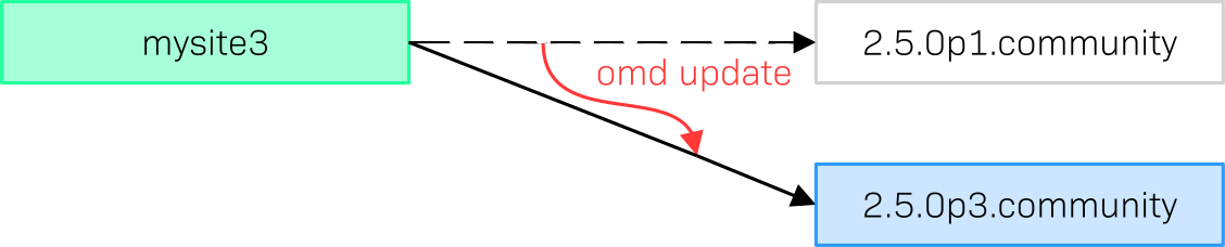 With 'omd update' the site receives the new software version.