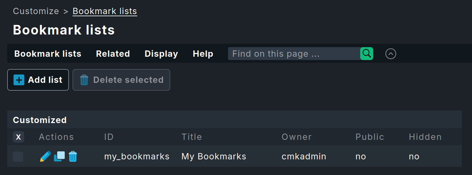 View for managing bookmarks.