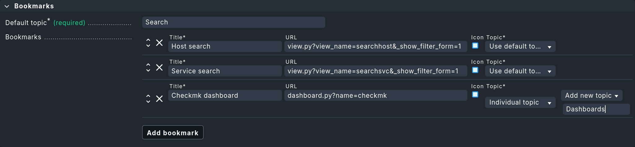 Dialog for setting the properties for the new bookmarks.
