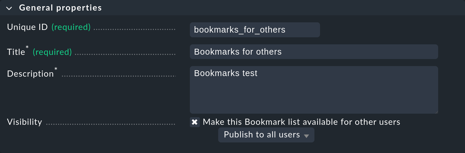 Dialog with properties when creating a bookmark list.