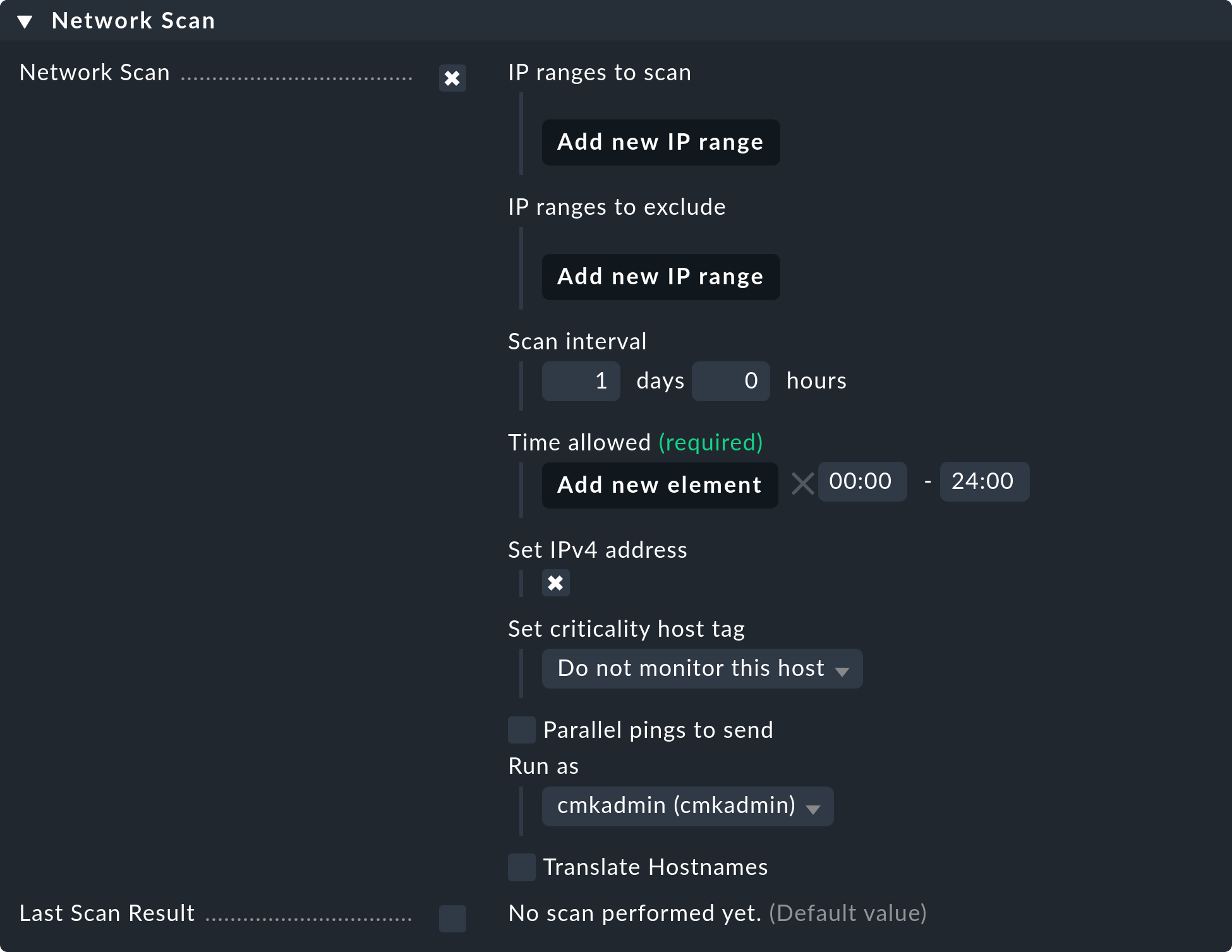 Activated but unconfigured _Network Scan_ box.