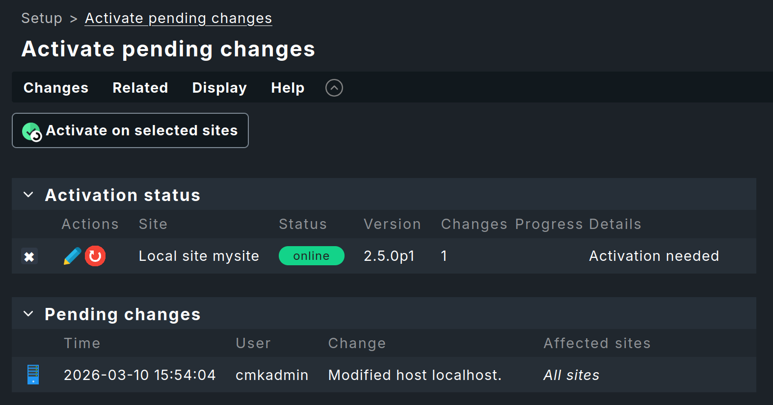 List of pending changes for activation.
