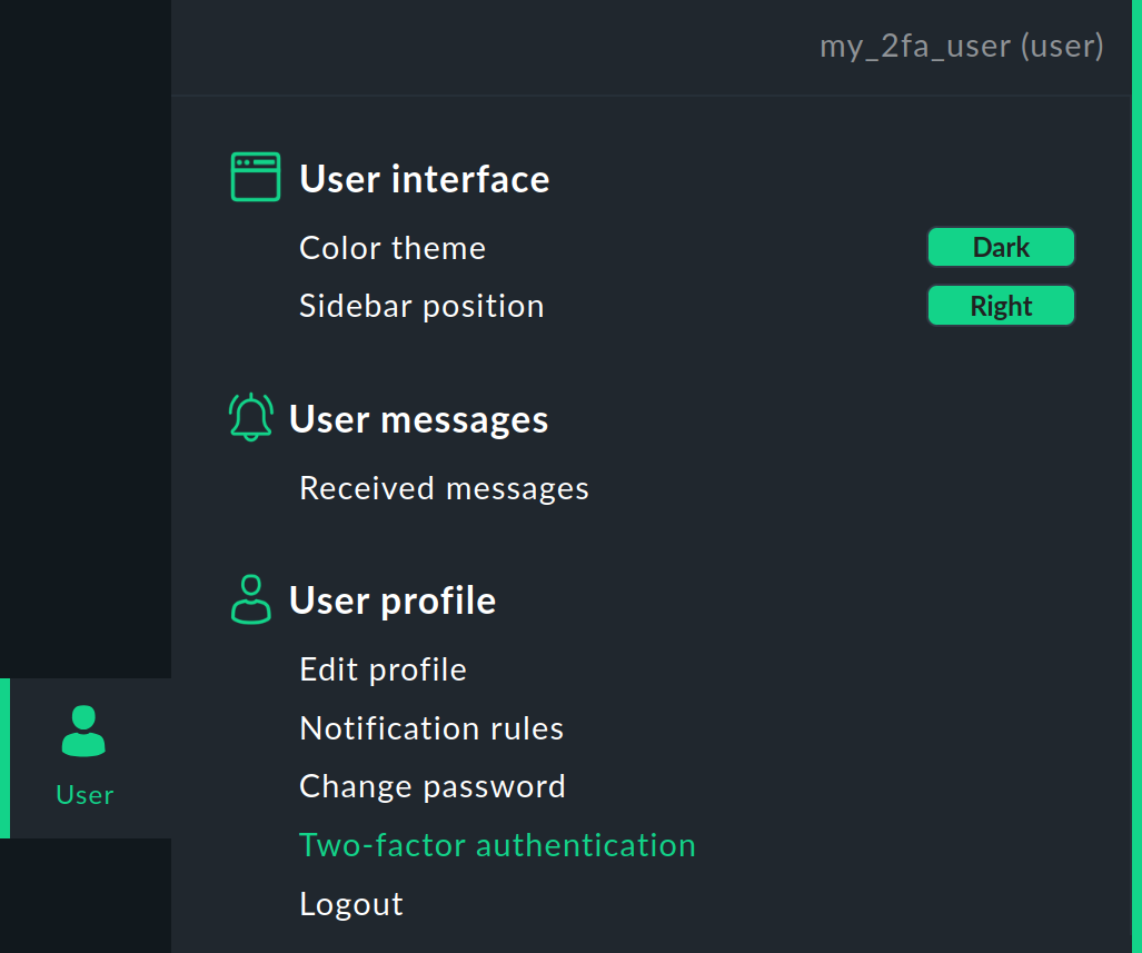 Selecting two-factor authentication from the User menu.