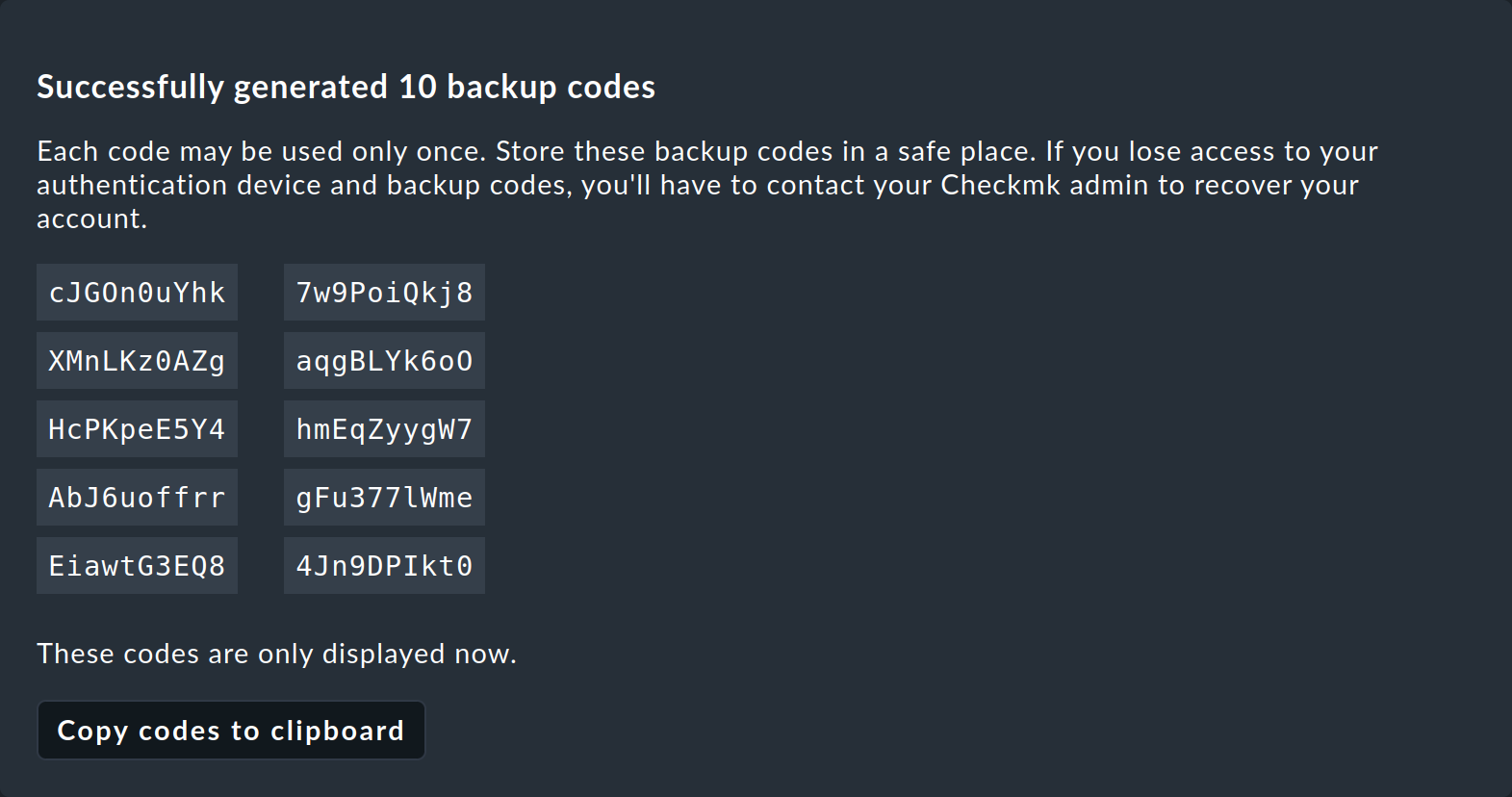 Display of created backup codes.