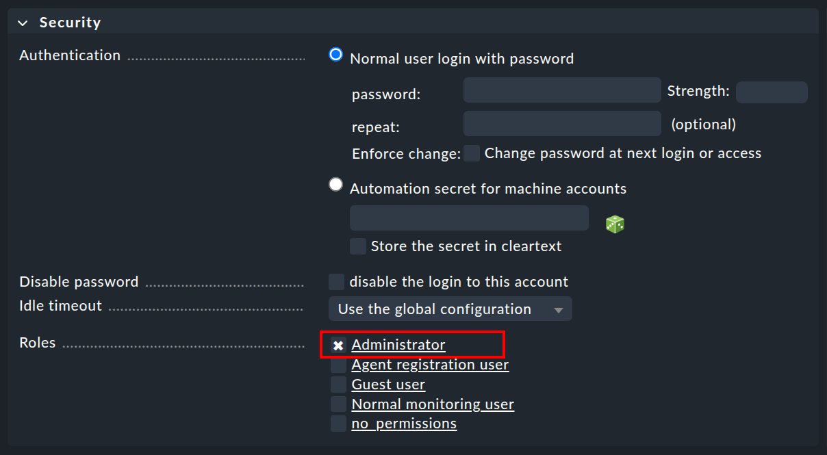 Selecting the Administrator role for a user.