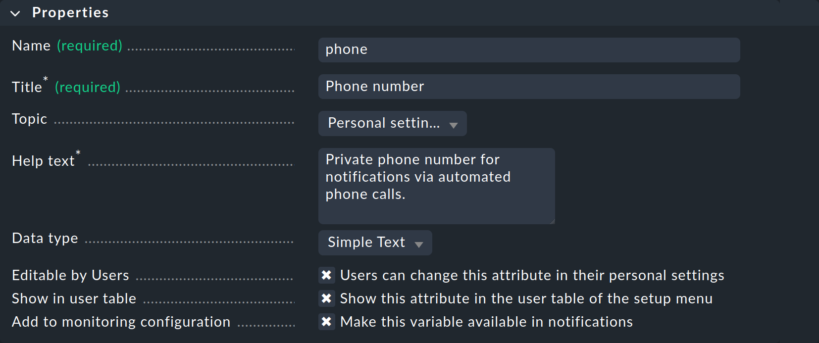 Dialog for custom attributes.