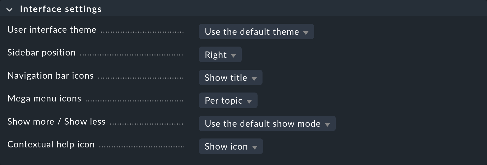 Dialog for a user's interface settings.