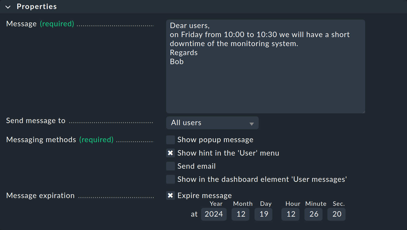 Dialog for user messages.
