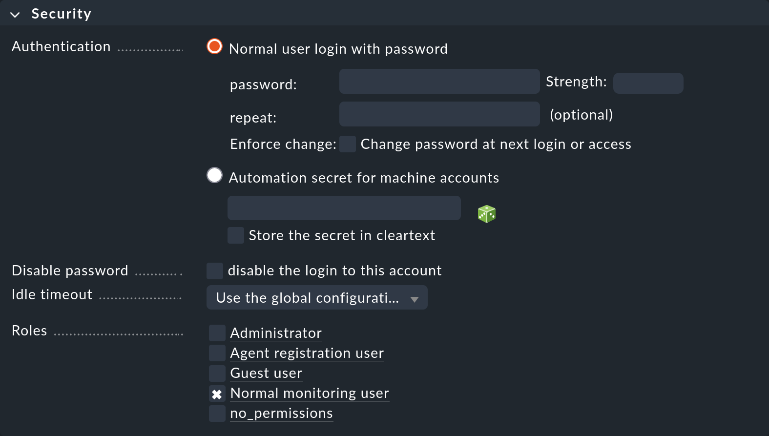 Dialog for a user's security settings.