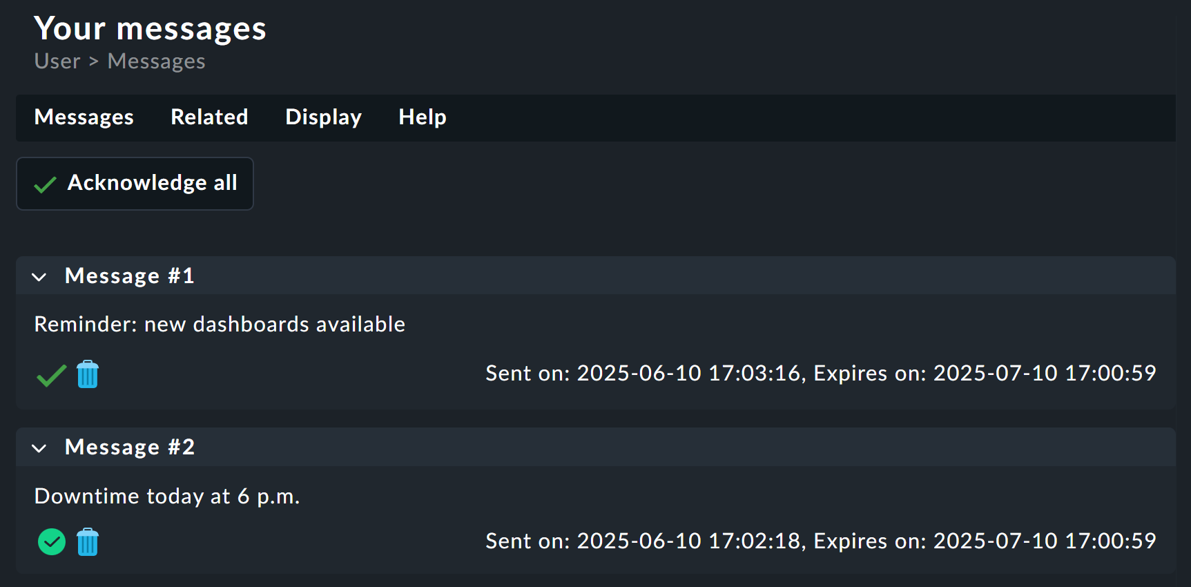 Overview of the user notifications.