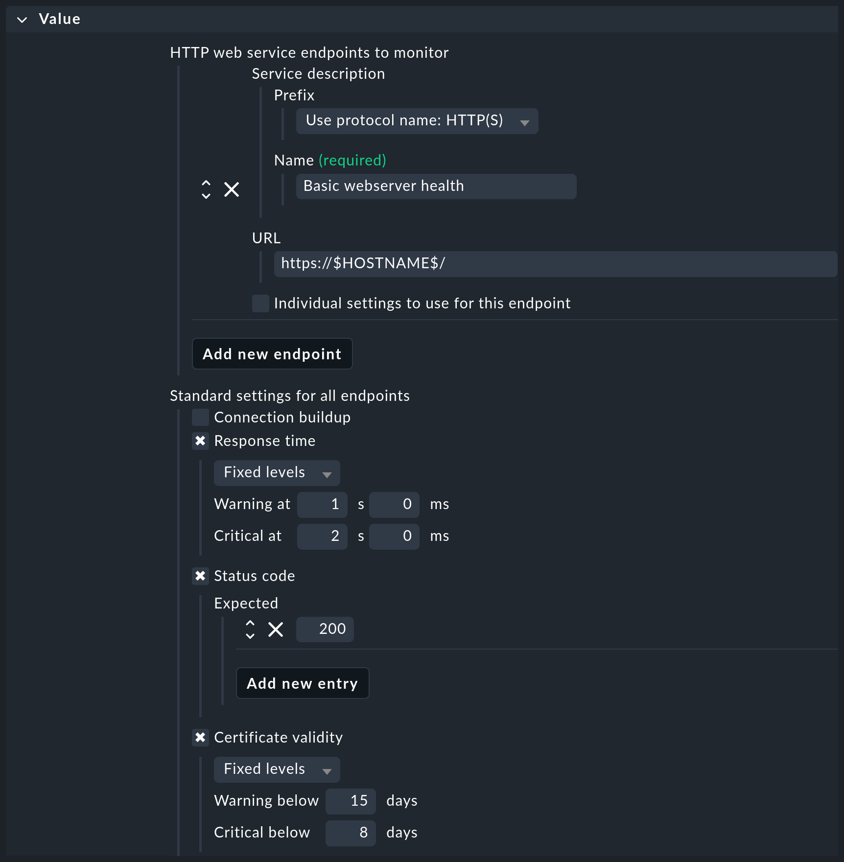 Example of a configuration of the 'Check HTTP web service' rule.