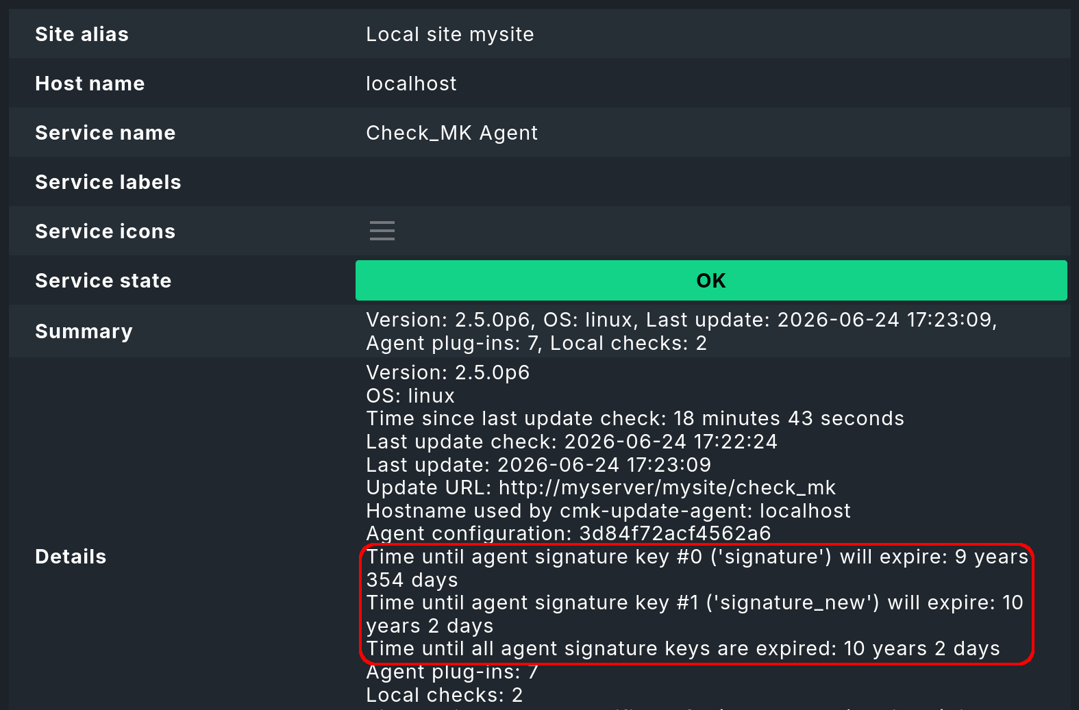 The 'Check_MK Agent' service details showing information about the signature keys.