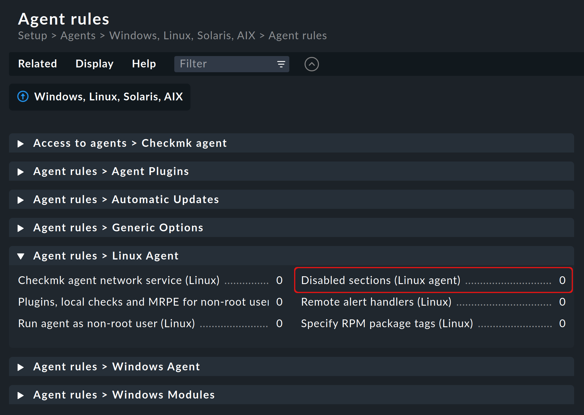 Liste der Agentenregeln für den Linux-Agenten.
