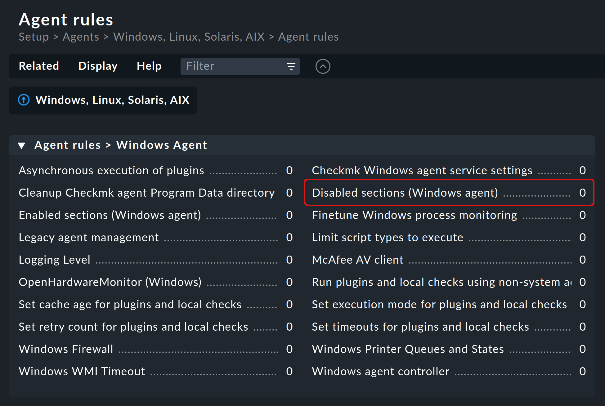 List of agent rules for the windows agent.