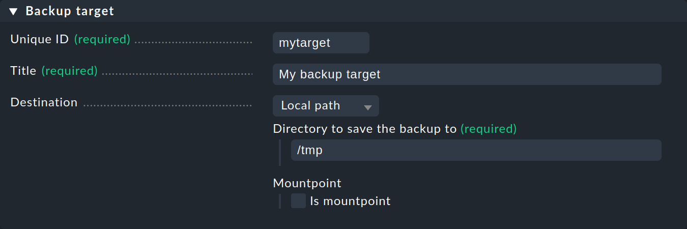 Dialog for defining a backup target.