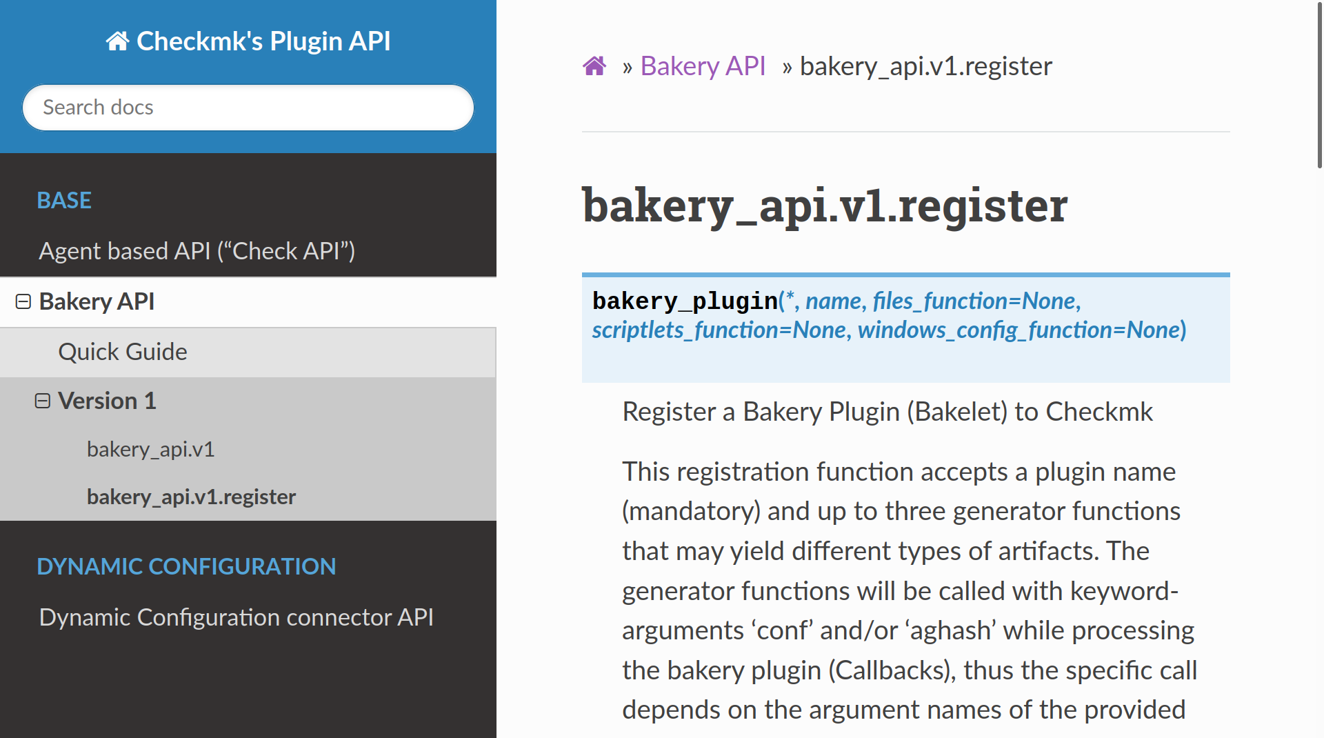 Example page of Bakery API documentation.