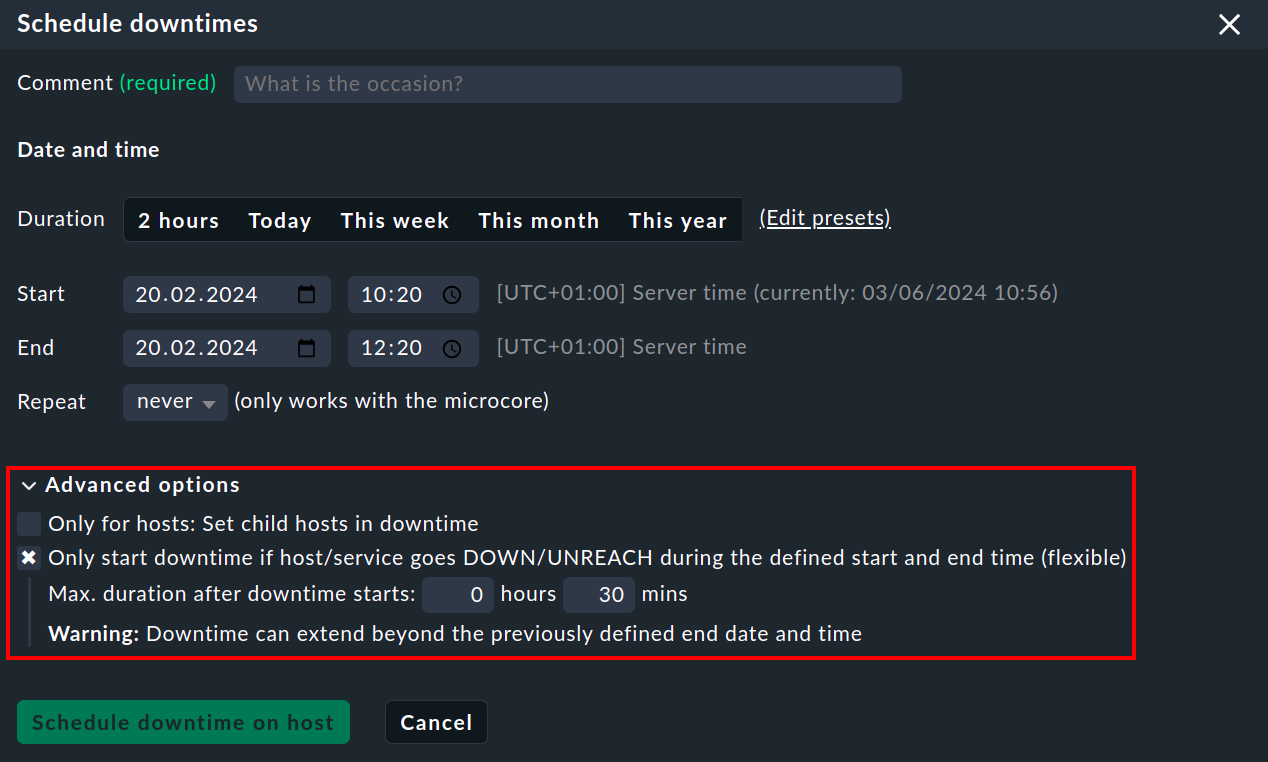 The advanced options for scheduled downtimes.