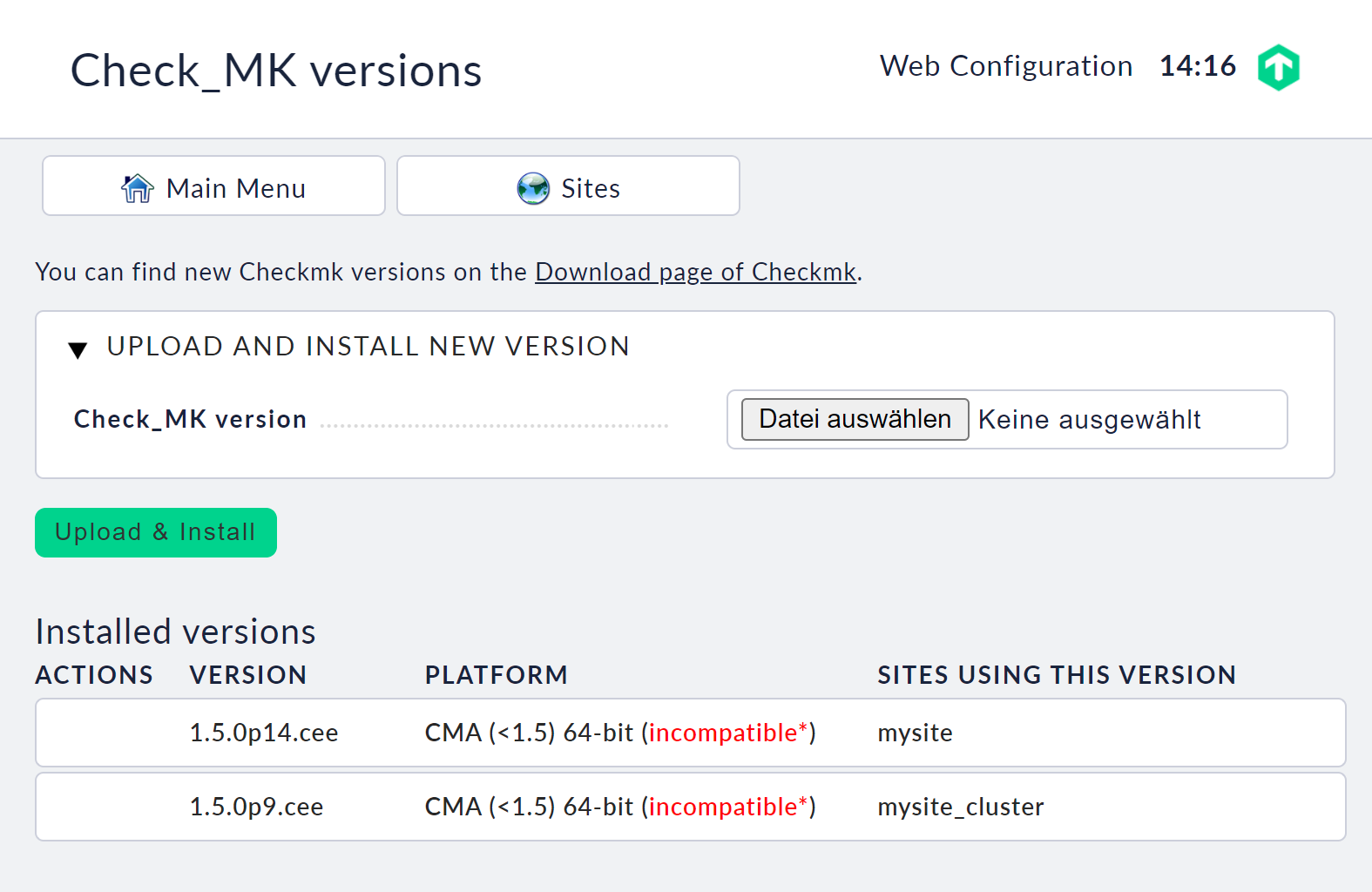Übersicht der Checkmk-Versionen mit Anzeige der Inkompatibilitäten.