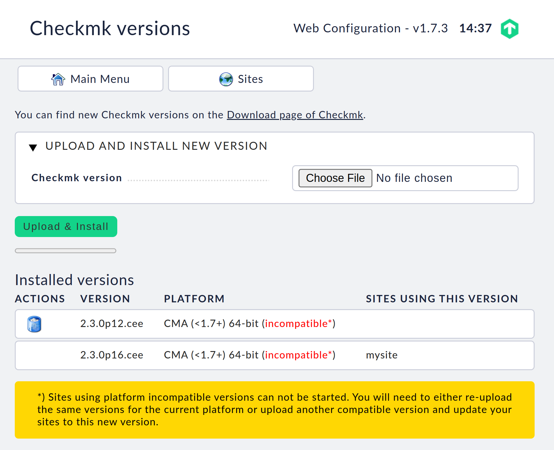 Overview of Checkmk versions with display of incompatibilities.