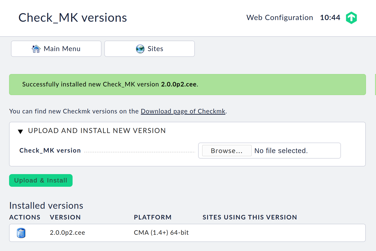 View of installed Checkmk versions.