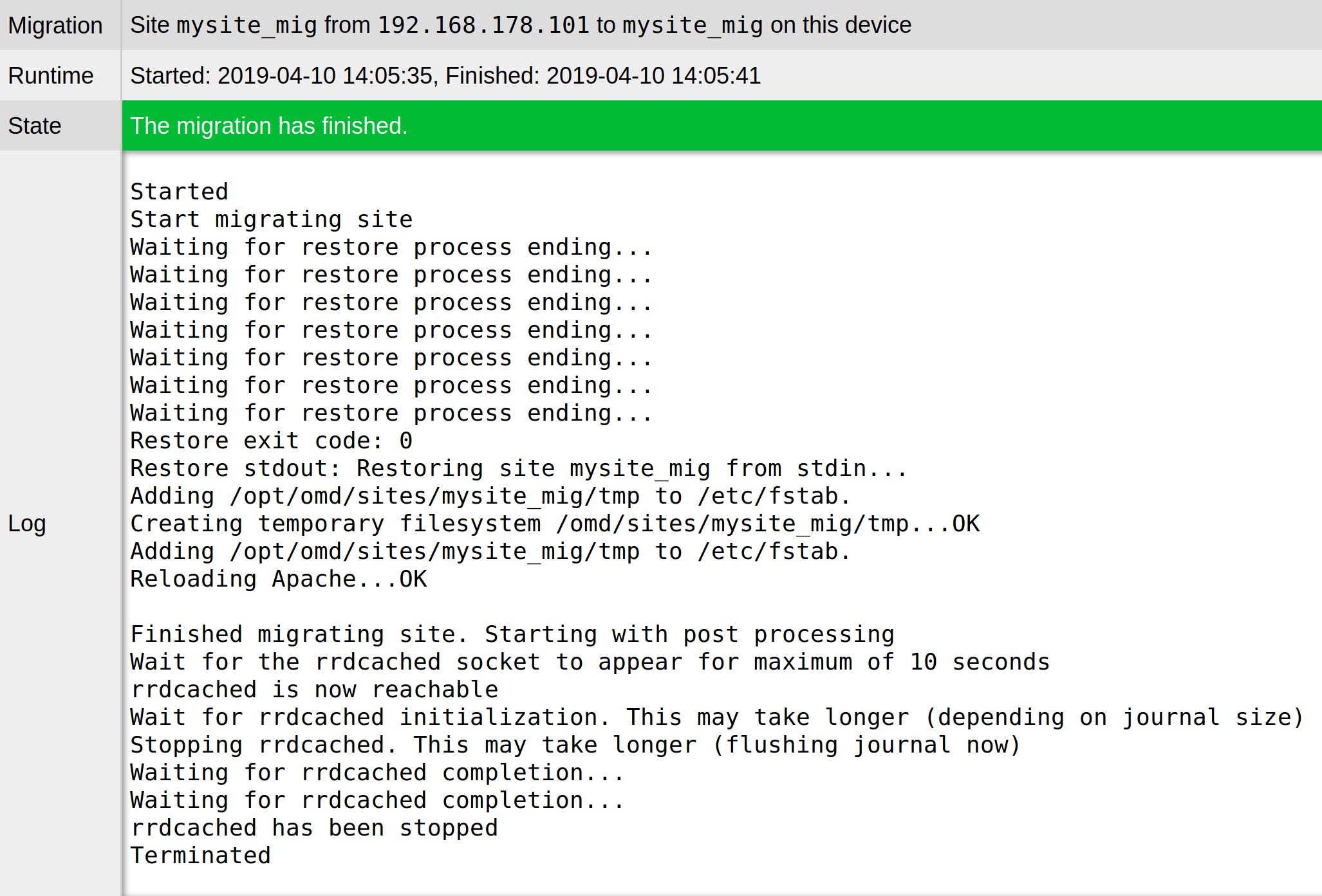 Migration log data up until the completion of the migration.